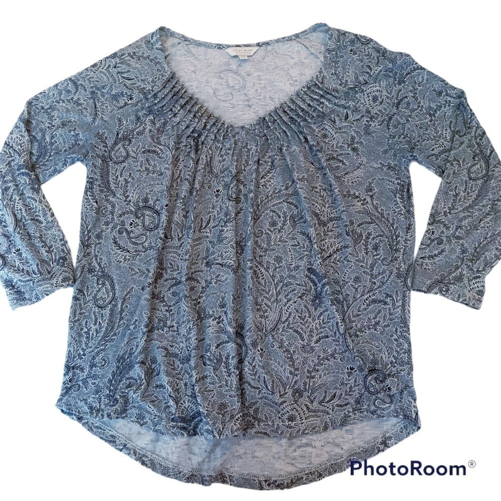 lucky Brand Blue Paisley Peasant Top Size Small